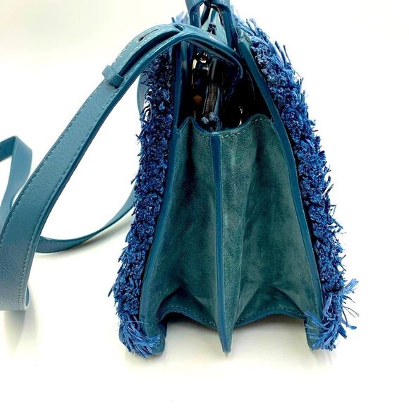 Auth Jimmy Choo Rebel Tote Raffia Suede Blue Dusk Front Clasp Handbag Preloved - Picture 7 of 14